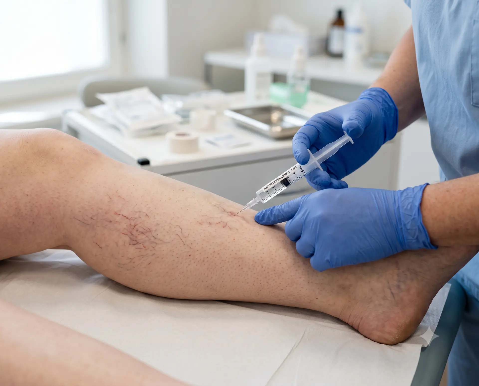 Aplicação de escleroterapia com seringa em vasinhos da perna